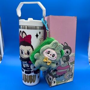 Cute Labubu Character Thermos with Plush Keychain